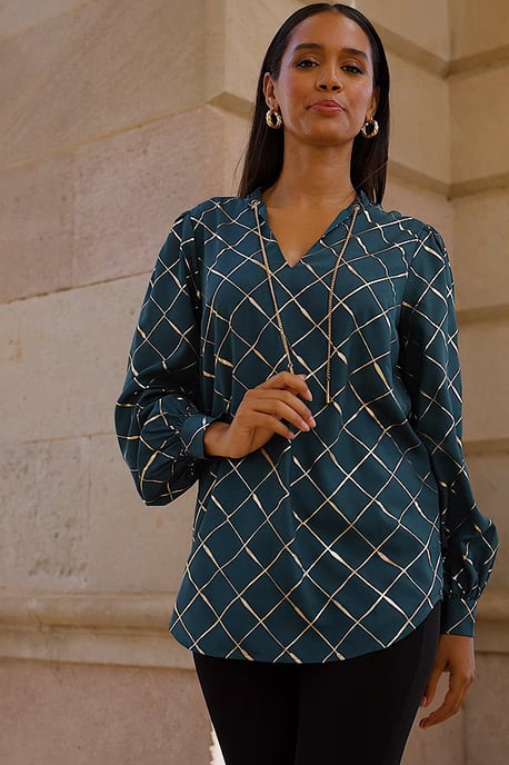 Green & Gold Check Print Chain Lace Up Blouse
