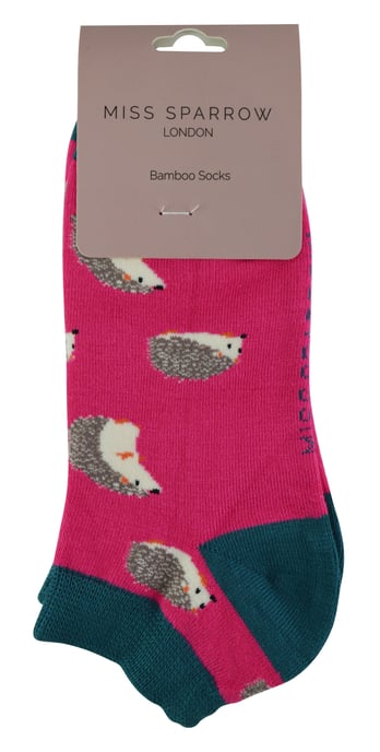 Ladies Bamboo Trainer Socks | Miss Sparrow | Breathable Low Cut Socks for Women - Hedgehogs (Hot Pink)