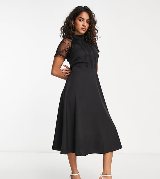 Liquorish Petite a line lace detail midi dress in black print
