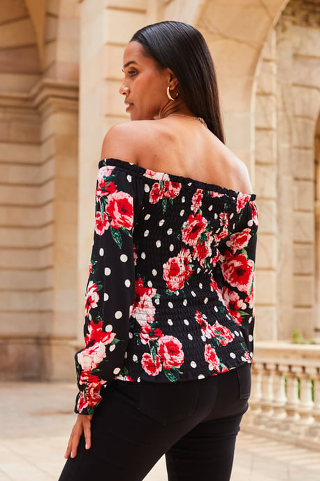 Black & Pink Floral Print Shirred Body Bardot Top