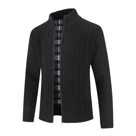 Men's Cardigan with Zip Cardigan Chunky Knit with Stand-Up Collar for Winter Black
