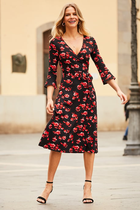 Black & Red Floral Print Jersey Midi Dress
