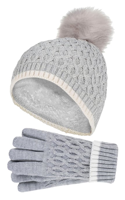 Heat Holders - Thermoisolierte Pom Pom Bommelmütze und Handschuhe für Mädchen | Bunte Pastellfarben - Wolkengrau - Image 1