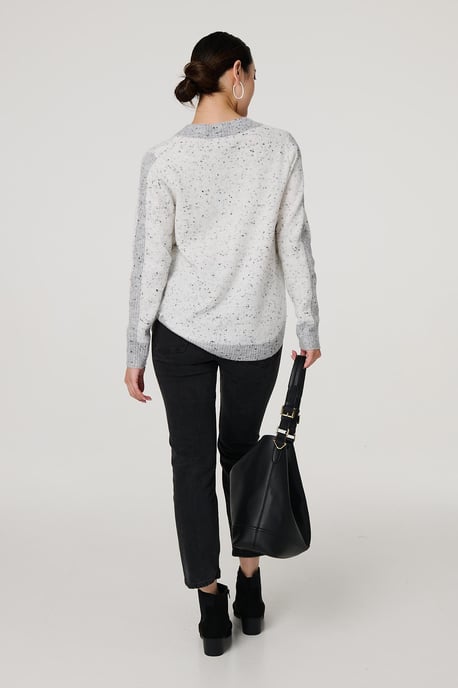 Grey Colour Block Long Sleeve Curve Hem Jumper