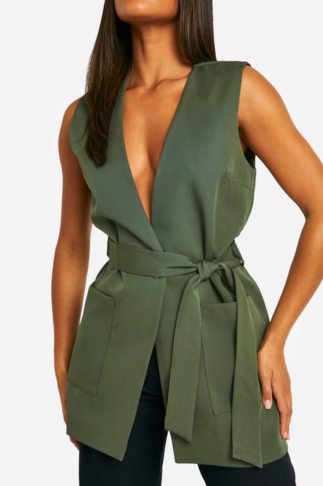 Longline Sleeveless Belted Blazer
