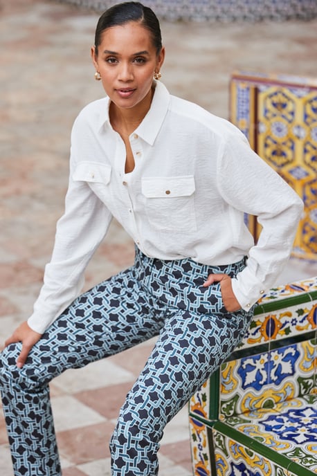 Blue Geometric Print Tapered Leg Trousers