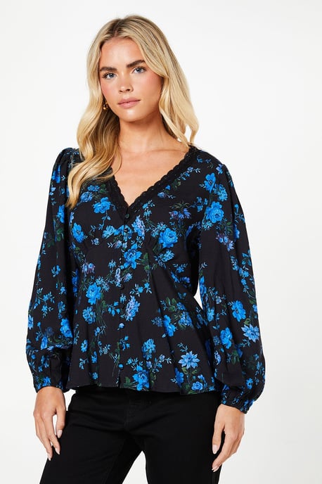 Petite Blue Floral Long Sleeve Lace Trim Button Front Tea Blouse - Image 1