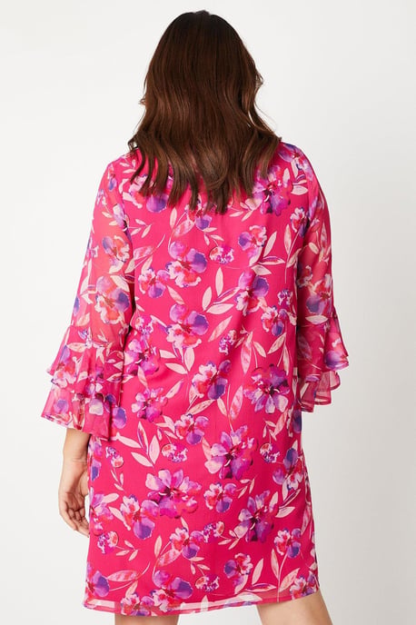 Curve Flute Sleeve Floral Shift Dress