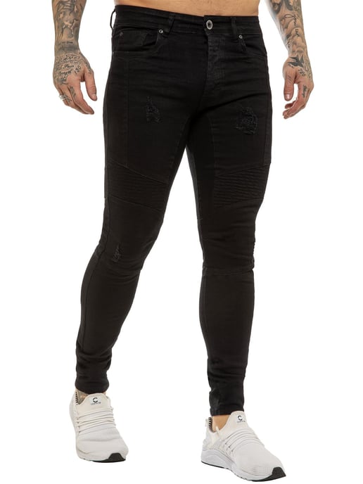 Enzo | Herren Skinny Stretch Biker Denim Jeans - Schwarz - Image 3