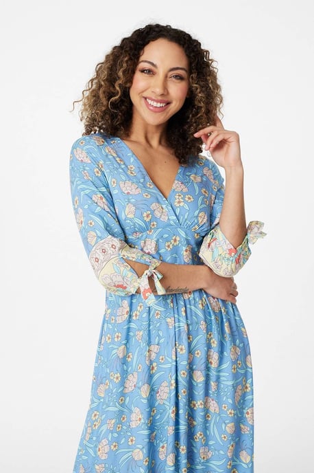 Blue Floral 3/4 Tie Sleeve Maxi Dress