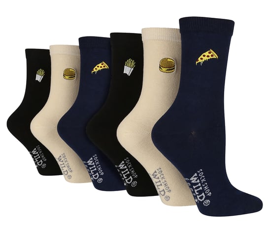 6 Pack Damen Schwarz Neuheit Socken | Wildfeet | Cute bestickte Socken in Baumwolle - Fast Food - Image 1