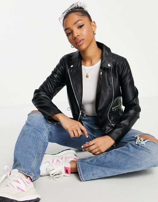 Miss Selfridge faux leather biker jacket in black