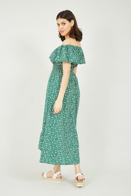 Mela Green Ditsy Daisy Printed Dipped Hem Bardot Dress - Image 4