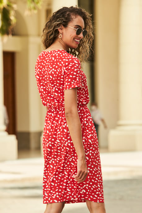 Red & White Fleck Print Stretch Waist T-Shirt Dress