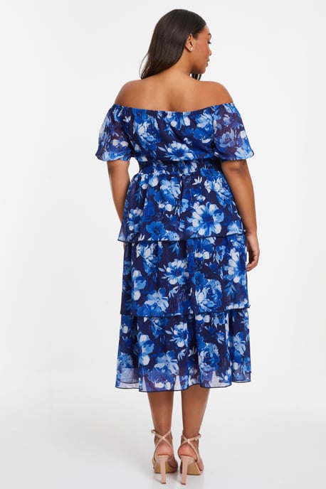 Curve Navy Chiffon Floral Bardot Midi Dress