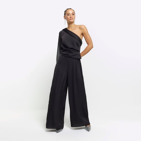 River Island Womens Jumpsuit Black Satin One Shoulder Wide Leg