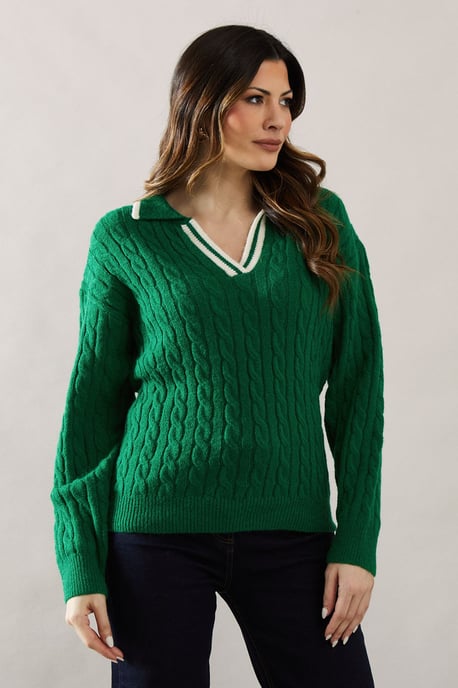 Cable Knit Tipped Collared Jumper