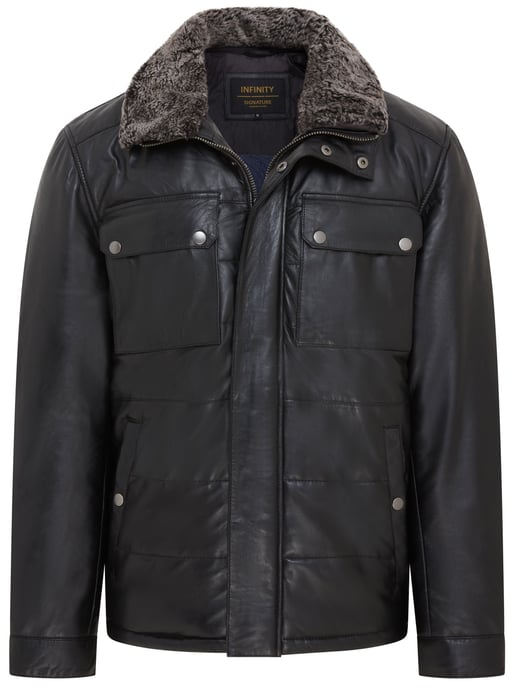 Mens Black Leather Puffer Quilted Jacket - Farsund