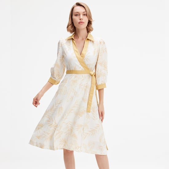 Bi-material wrap dress with tropical print