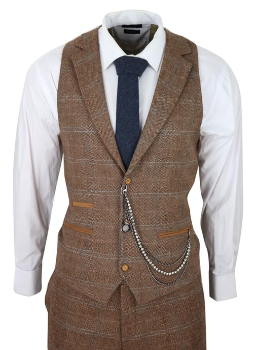 Herren 3-teiliger Wollanzug Eichenbraun Tweed Fischgrätenmuster Peaky Blinders Gatsby - Image 5