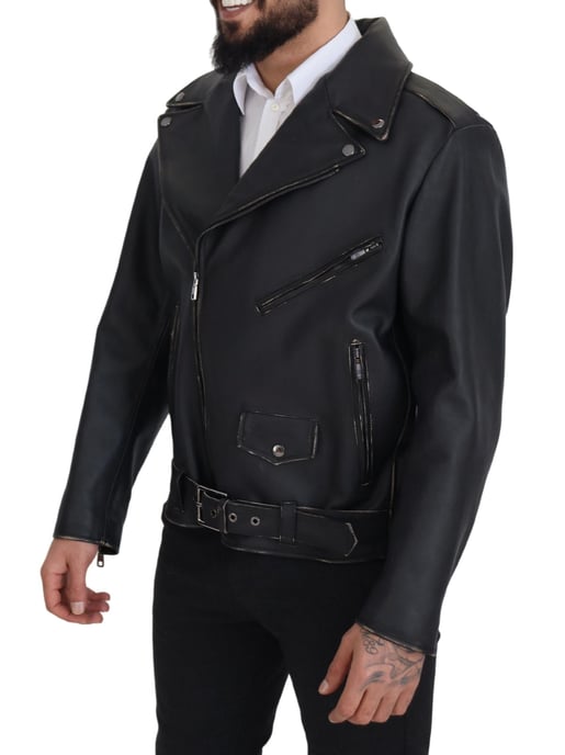 Dolce & Gabbana Schwarze Leder Bikerjacke mit Reißverschluss für Herren - Image 2