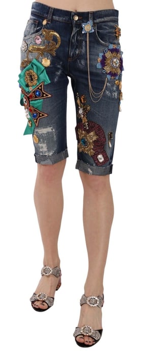 Dolce & Gabbana Damen Blue Denim Mid Waist Crystal Capri-Shorts - Image 1