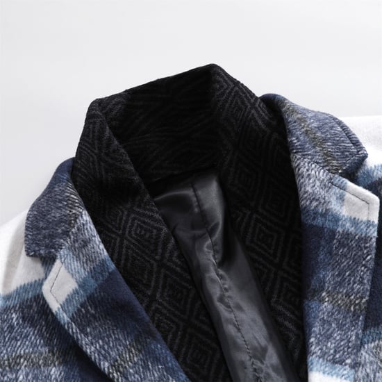 Men's Long Slim Fit Checked Winter Thick Coat with Shawl Collar Blue