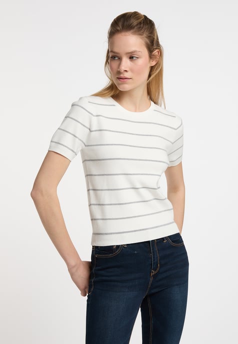 Dreimaster Kurzarm-Pullover Damen Wollweiss Grau Melange - Image 2