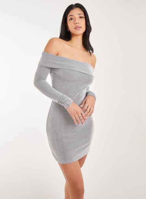 Two Tone Rib Bardot Mini Dress