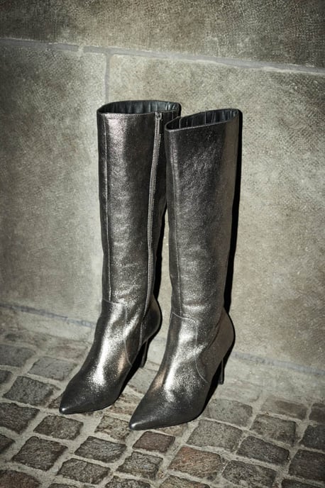 Pewter Leather Stiletto Heel Knee High Boots