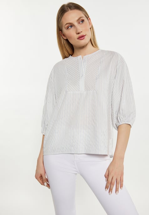 Dreimaster Bluse Damen hellblaues Wollweiß - Image 3