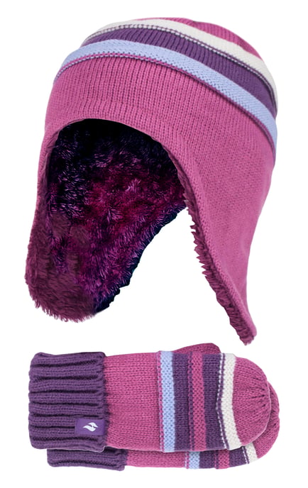 Wärmehalter - Mädchen Winter Warm Pom Pom Bobble Beanie Mütze und Handschuhe Set - Rot Violett - Image 1