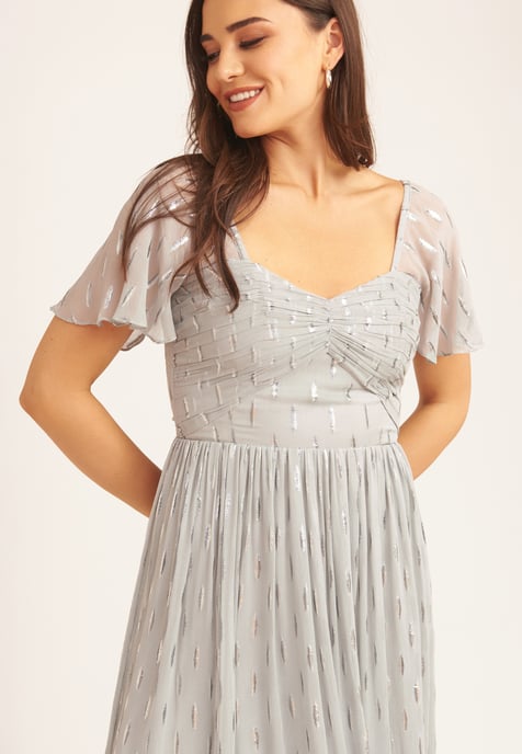 Jacquard Metallic Angel Sleeves Midi Dress