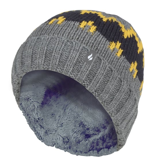 Wärmehalter - Jungen dicke gerippte gewebte gestrickte weiche Pom Pom Bobble Beanie Mütze - Pebble Melange/Gold/Navy - Image 1