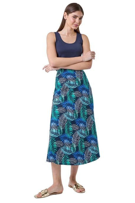 Leaf Print Linen Blend A-Line Skirt