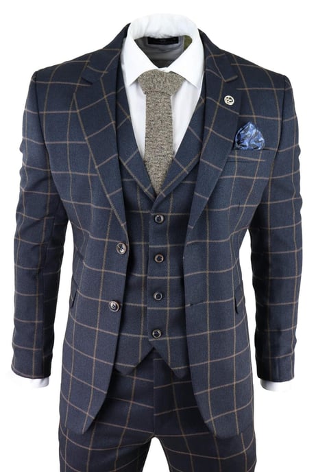 Herren Marineblau Karierter 3-Teilig Tweed Anzug Peaky Blinders 1920er Gatsby Schmaler Schnitt - Image 1