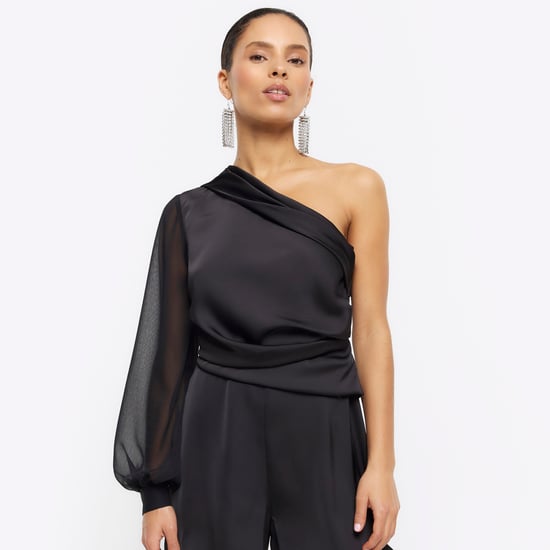 River Island Womens Playsuit Petite Black Satin One Shoulder