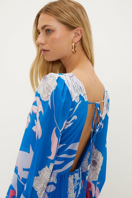 Statement Floral Tie Back Pleated Maxi Dress