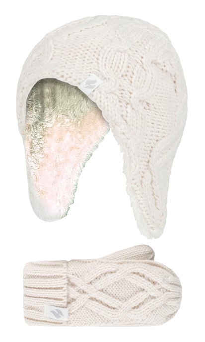 Wärmehalter - Mädchen Majestic Soft Cosy Kabel gestrickt Design Bobble Trapper Mütze und Fäustlinge Handschuhe Set - Buttercream - Image 1