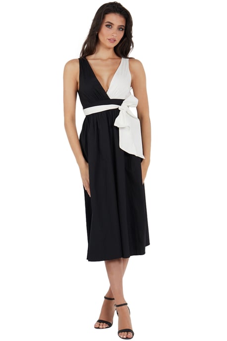Schwarzes Midikleid aus Popeline mit kontrastierender weißer Taille - Image 3