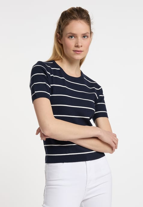 Dreimaster Kurzarm-Pullover Damen Marine Wollweiss - Image 2