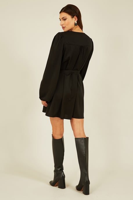 Black Balloon Sleeve Shirt Dress