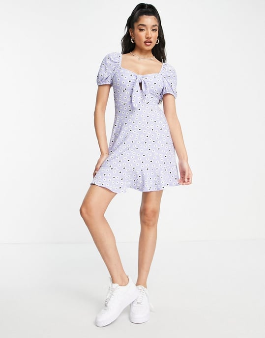 Miss Selfridge bunny tie fit and flare mini dress in lilac heart print-Purple