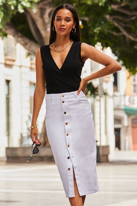 White Denim Gold Button Front Midi Skirt