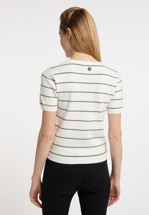 Dreimaster Kurzarm-Pullover Damen Wollweiss Oliv - Image 2