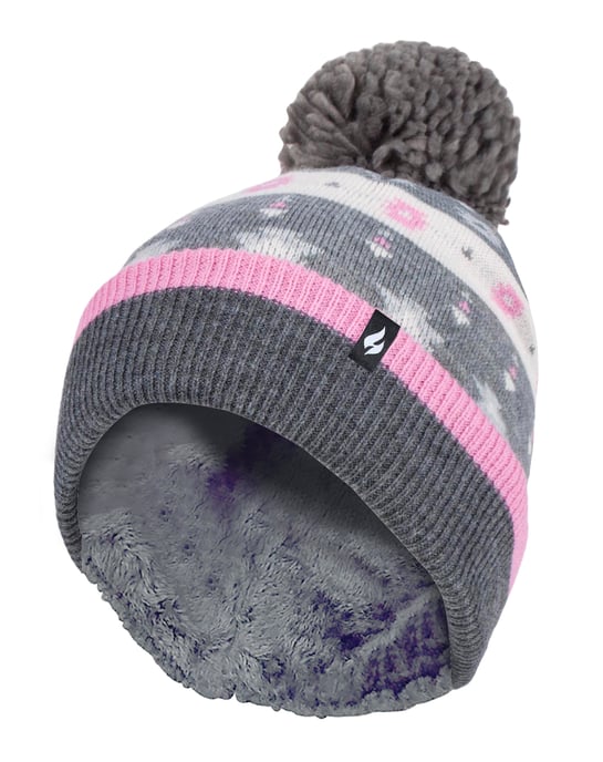 Heat Holders - Ladies Warm Knit Fleece gefüttert Winter Warme Mütze mit Pom Pom - Pink / Grau - Image 1