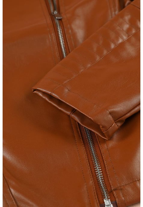 Azura Exchange Women's Ribbed Seam Detail Faux Leather Motorcycle Jacket in Brown - Image 3
