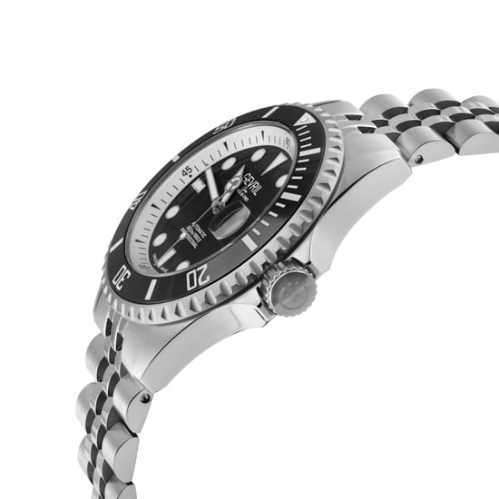 Gevril Mens Wall Street Swiss Automatic Sellita SW200 Black Bezel, Black Enamel Dial, SS Satin and Polished Bracelet Watch