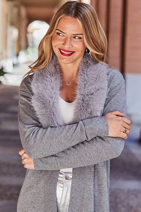 Light Grey Faux Fur Collar Longline Cardigan