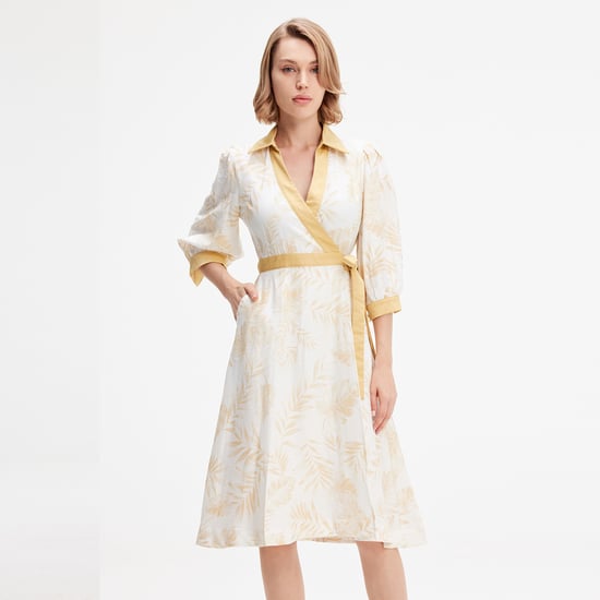 Bi-material wrap dress with tropical print